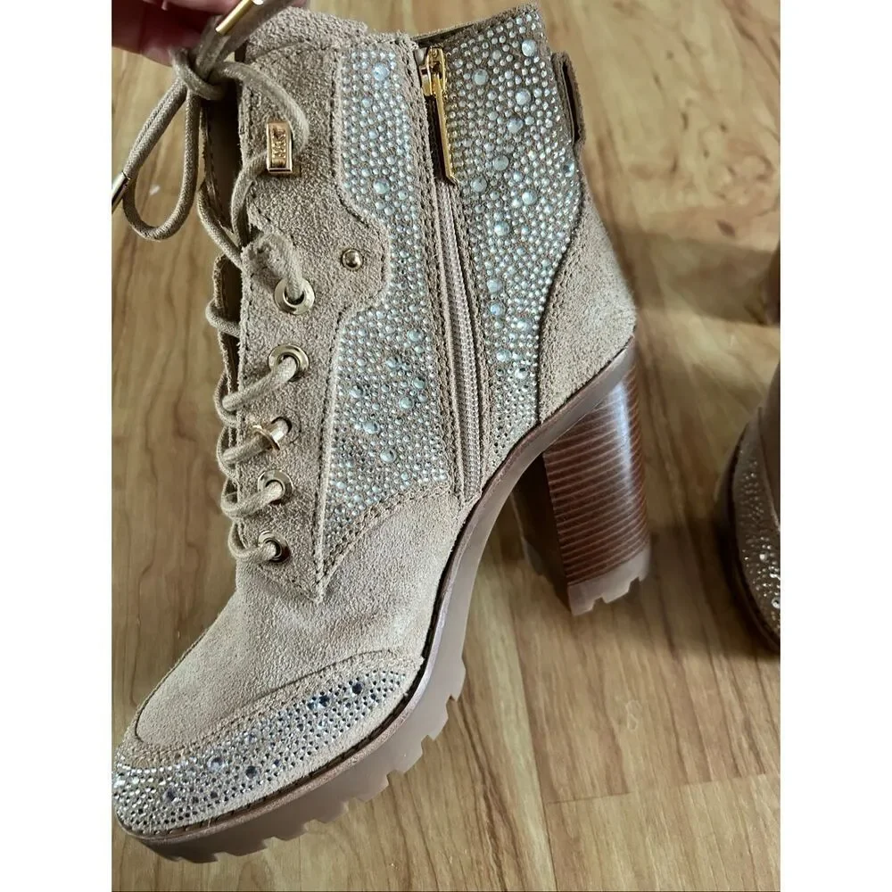 Michael Kors tan chunky heel sparkly boots leather suede size 6M New combat - Picture 2 of 7